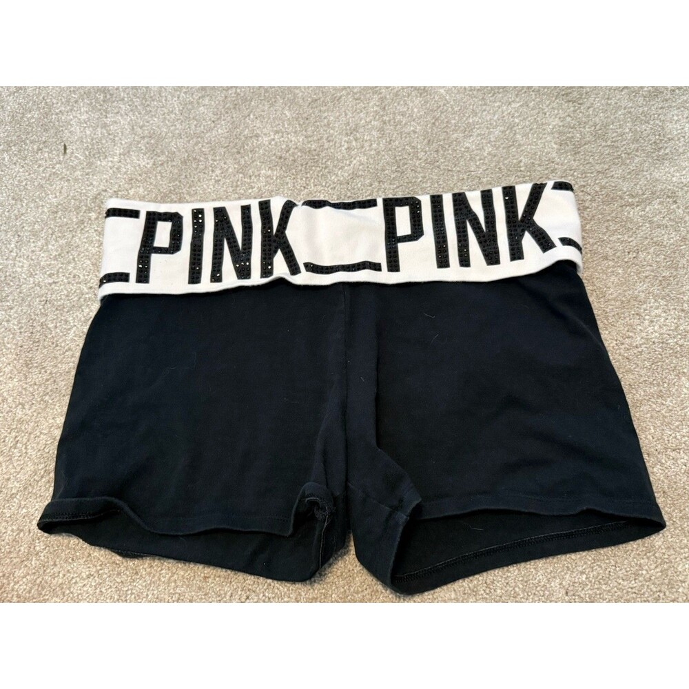 PINK Victoria’s Secret Yoga Shorts Large Black Foldover Waist Jewel Gemstone